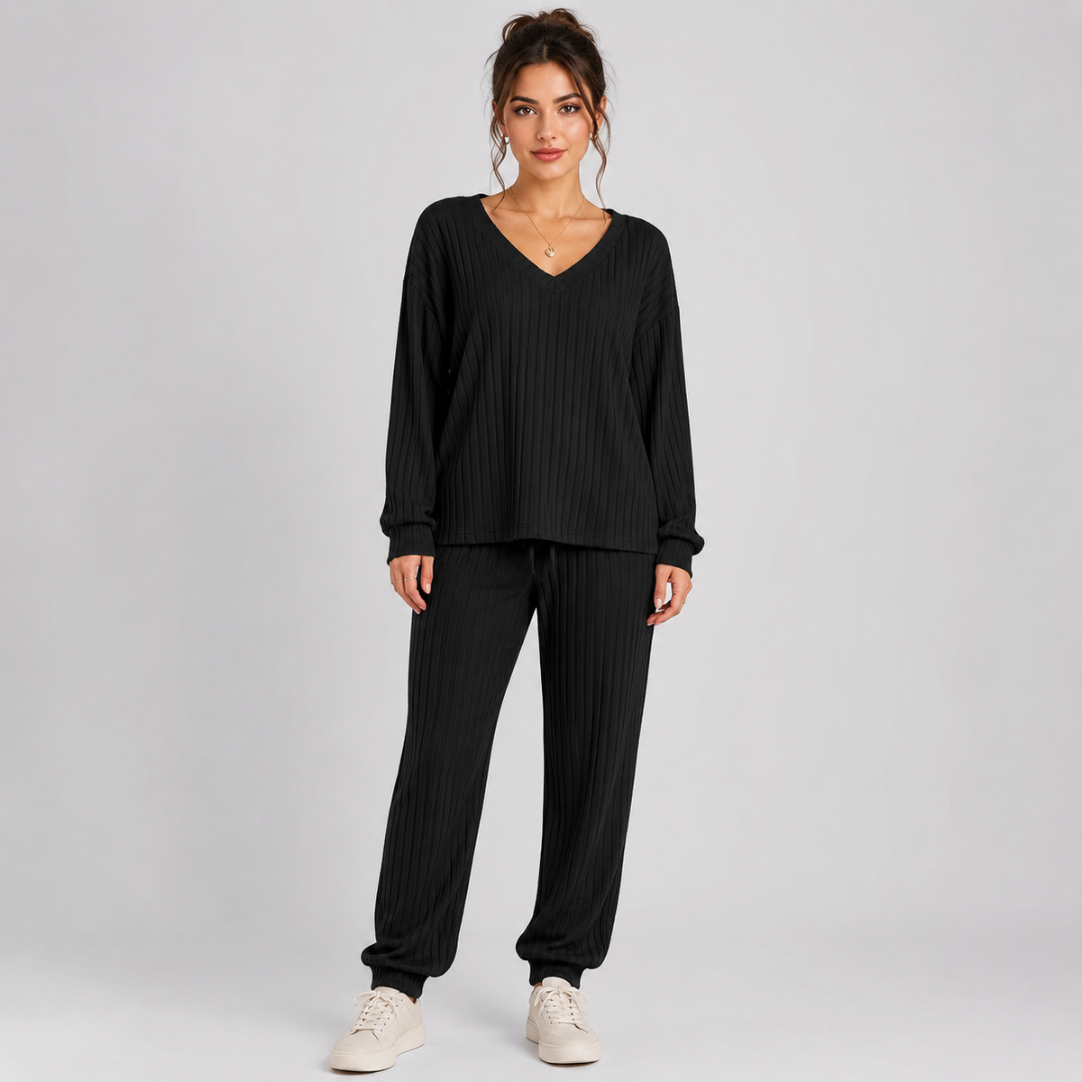 Optew Women's Lounge Set – Ribbed V-Neck Tapered