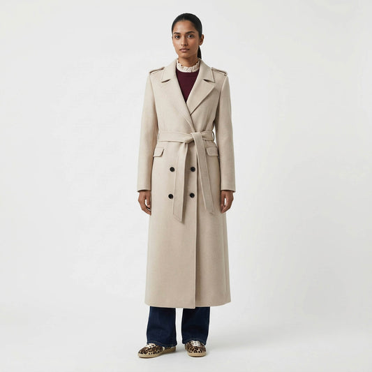 Light Beige Belted Wool Coat with Classic Military Details