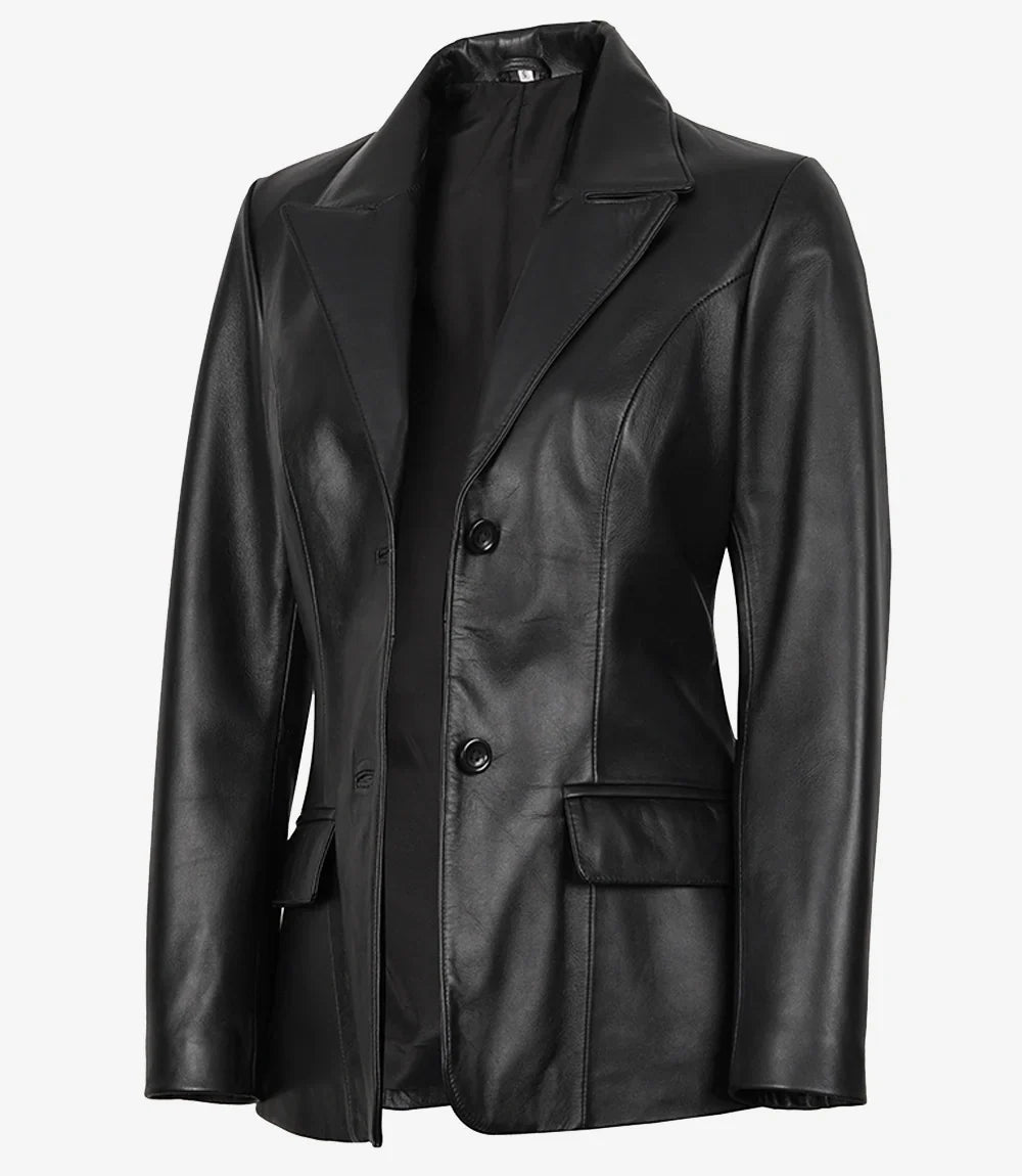 Women's Black Two-Button Leather Blazer