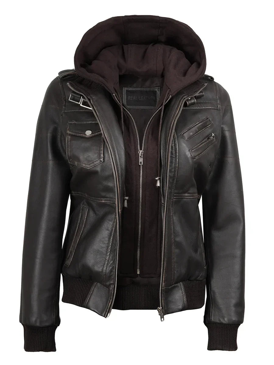 Women's Dark Brown Rub-Off Leather Jacket with Detachable Hood