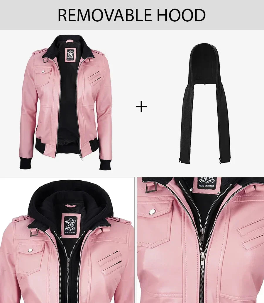 Women's Pink Leather Jacket with Detachable Hood