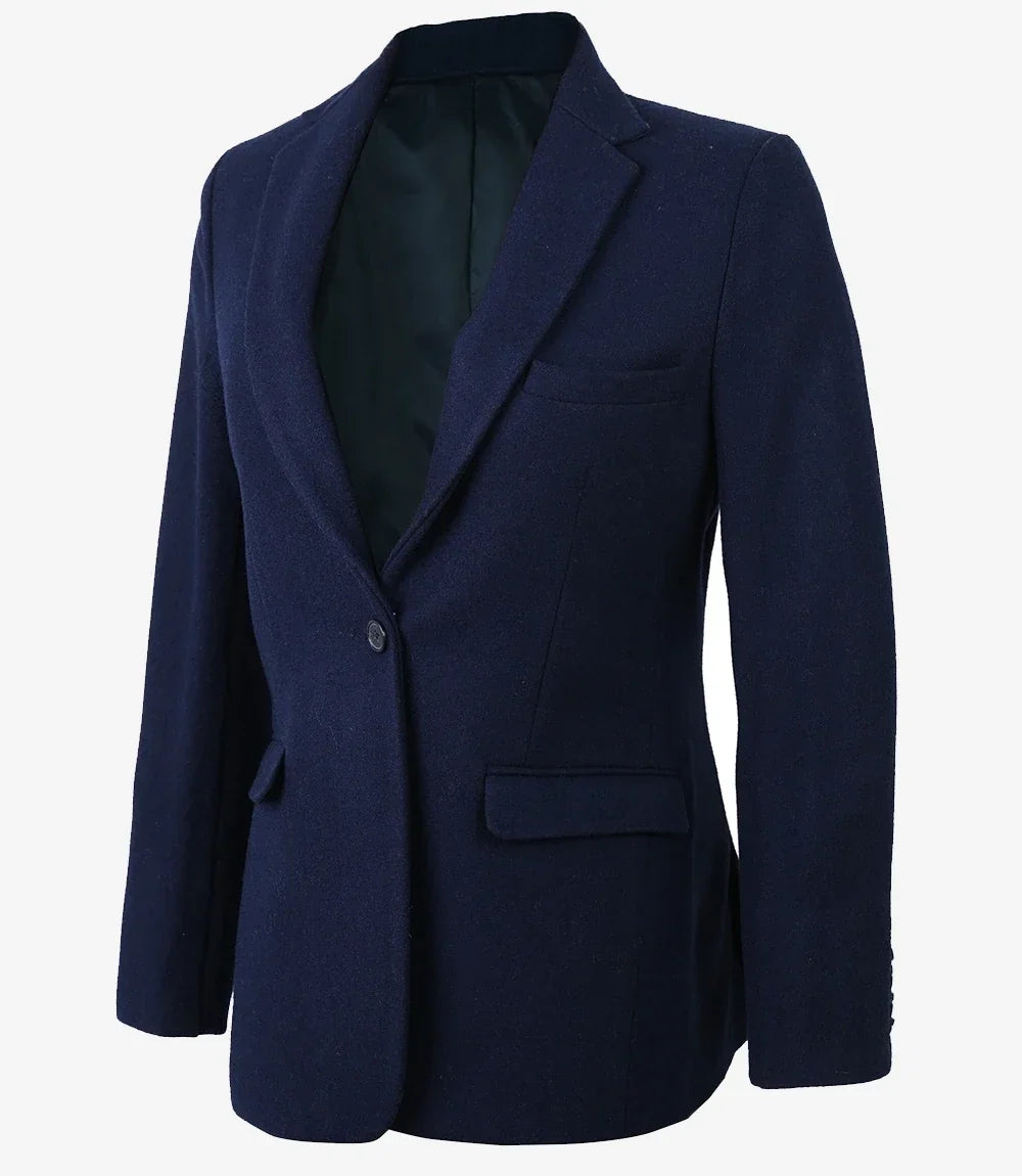 Women's Navy Blue Wool Blazer with Notch Lapel and Single Button