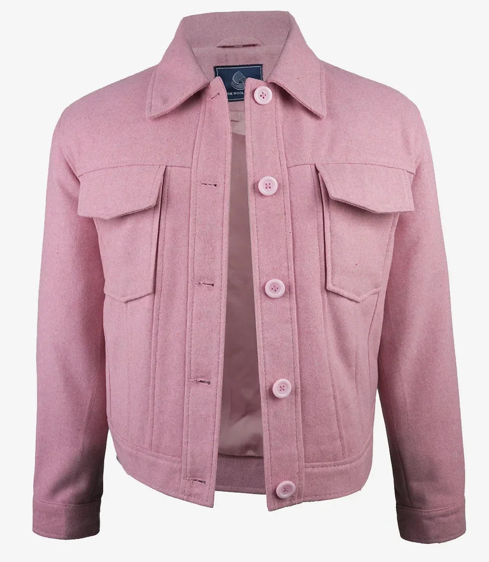 Women’s Classic Pink Wool Trucker Jacket with Button Front