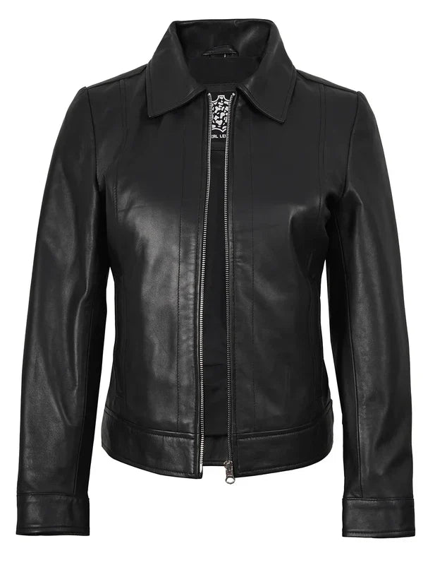 Women's Black Real Leather Harrington Style Jacket
