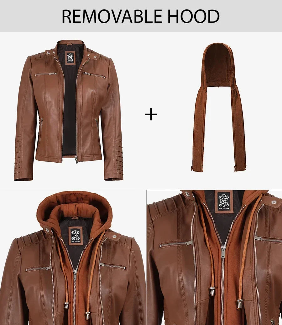 Women's Cognac Brown Leather Jacket with Detachable Hood
