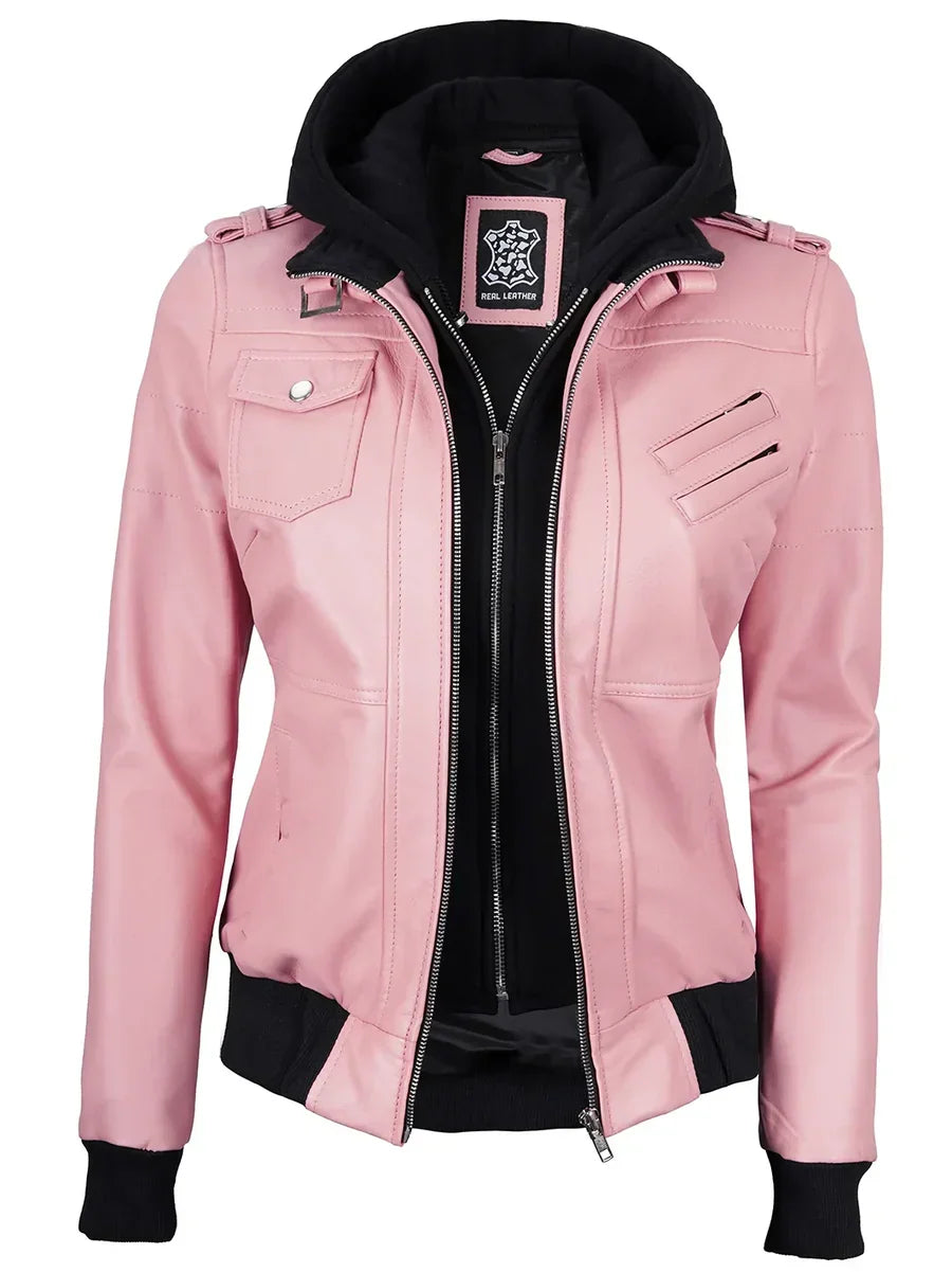 Women's Pink Leather Jacket with Detachable Hood