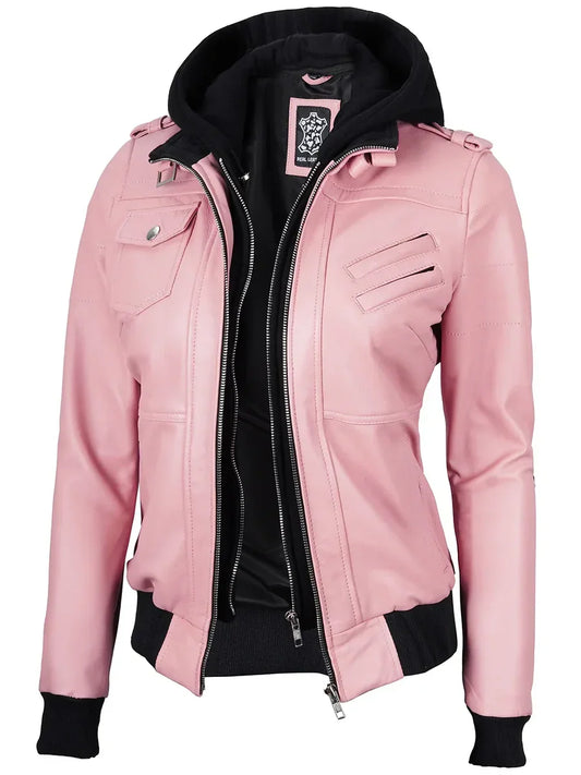 Women's Pink Leather Jacket with Detachable Hood