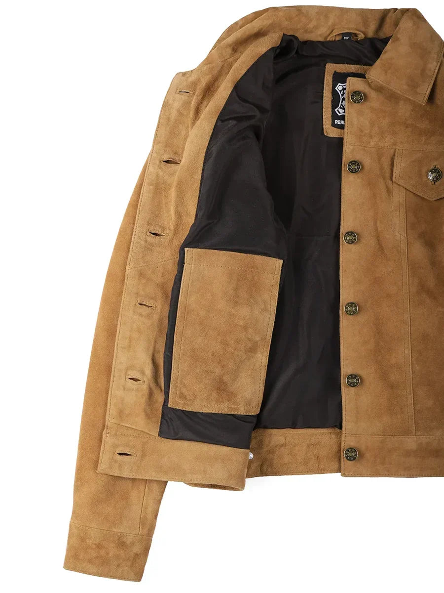 Women's Light Brown Suede Button-Front Trucker Jacket