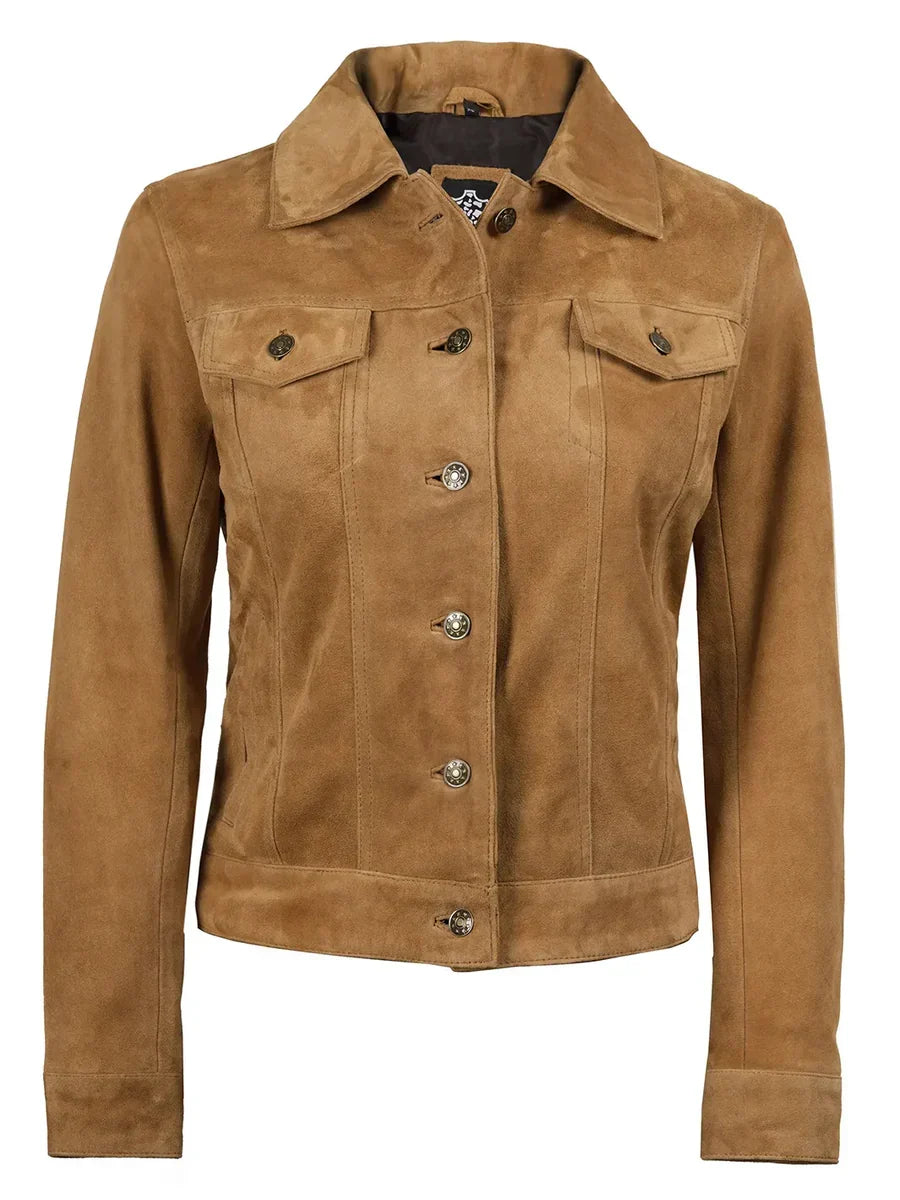 Women's Light Brown Suede Button-Front Trucker Jacket