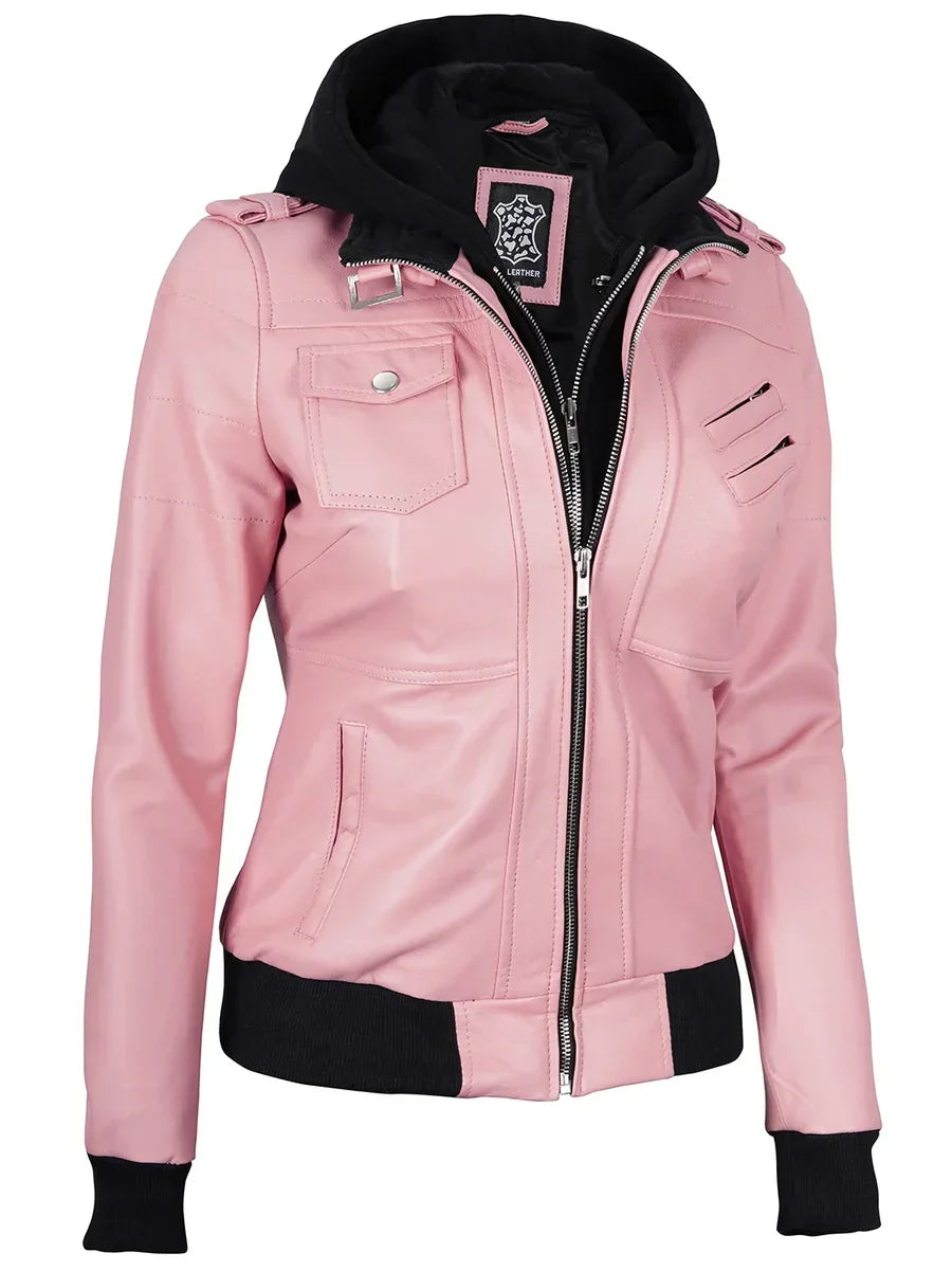 Women's Pink Leather Jacket with Detachable Hood