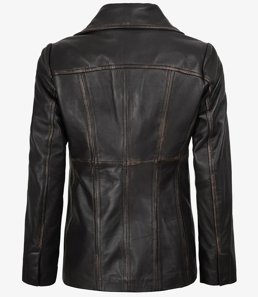 Women's Distressed Brown Three-Button Leather Blazer