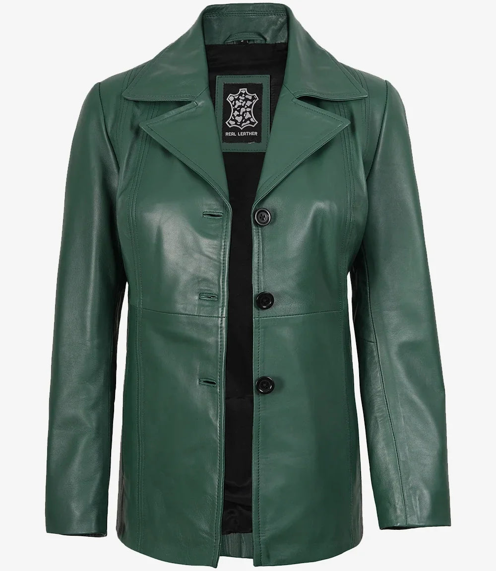 Women's Green Three-Button Leather Blazer