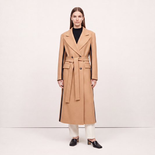 Two-Tone Camel Statement Wrap Coat with Black Contrast Panels