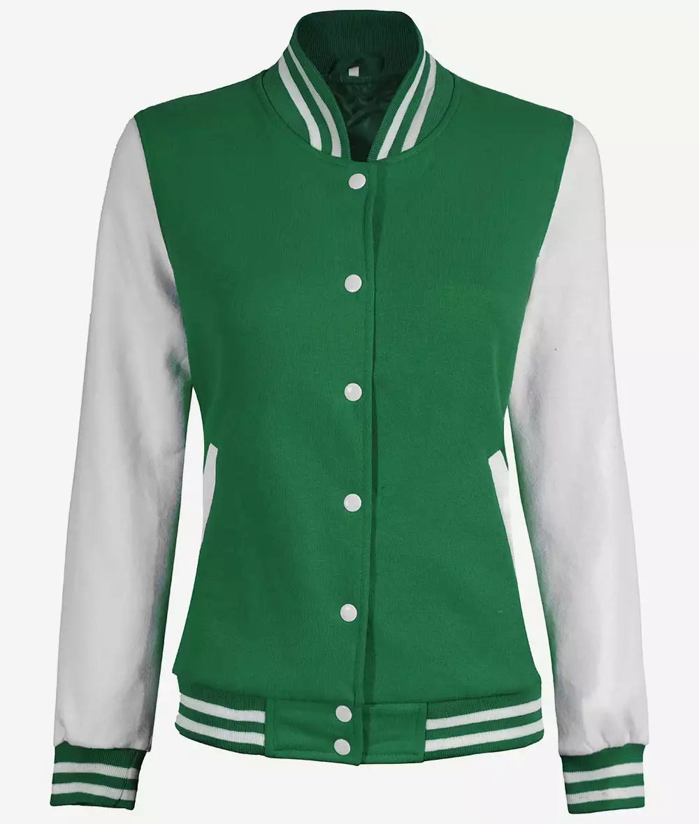 Women's Green and White Letterman Bomber Jacket – Baseball Style