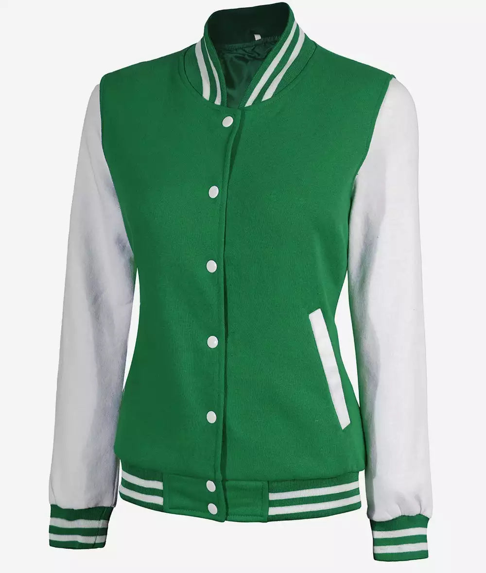 Women's Green and White Letterman Bomber Jacket – Baseball Style