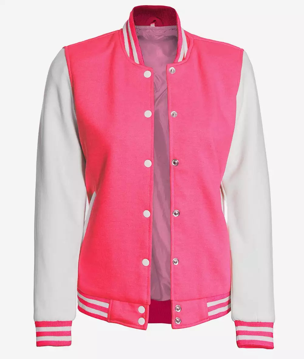 Women's Pink and White Varsity Bomber Jacket – Baseball Style