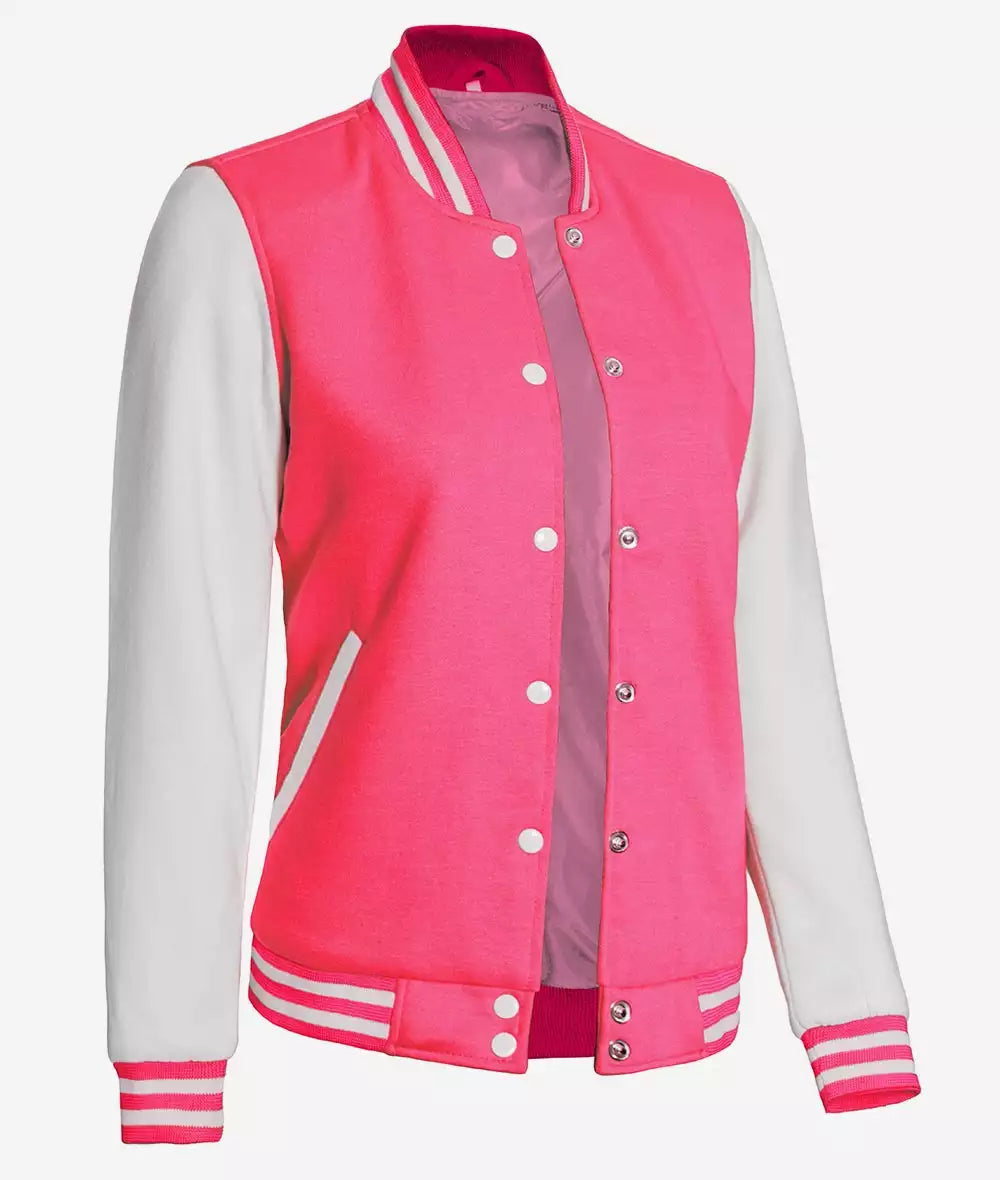 Women's Pink and White Varsity Bomber Jacket – Baseball Style