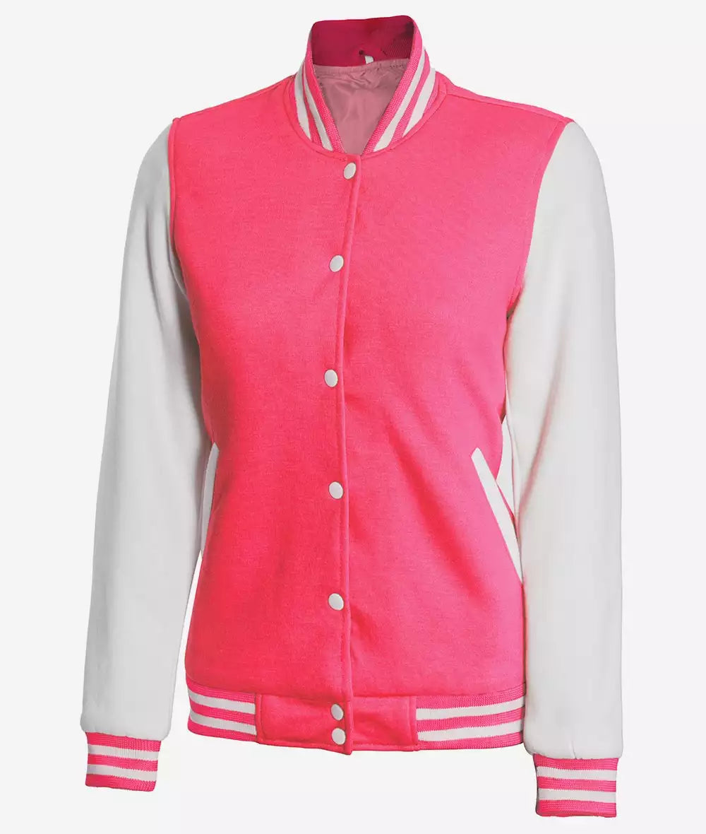 Women's Pink and White Varsity Bomber Jacket – Baseball Style