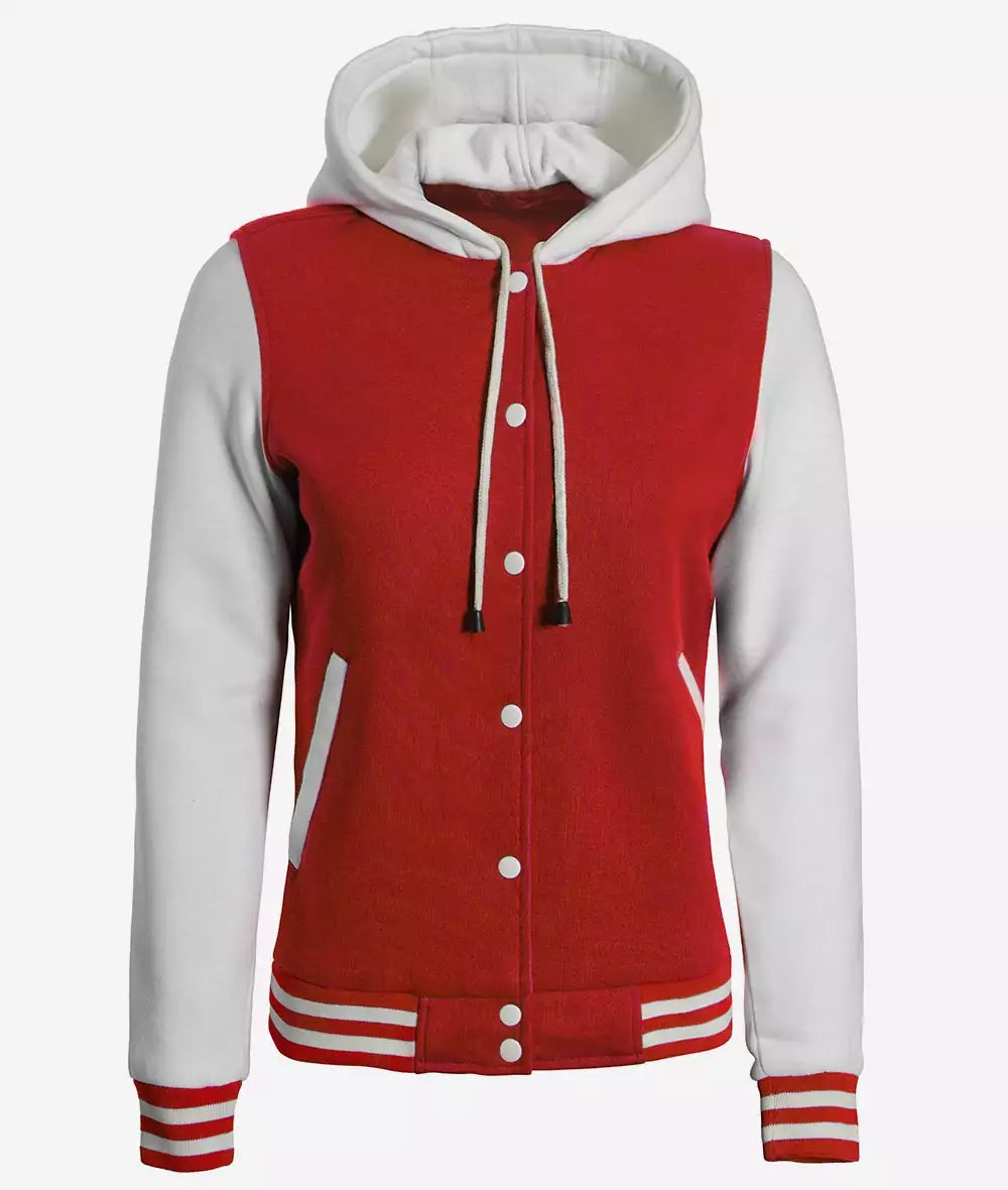 Women's Red and White Hooded Varsity Jacket – High School Baseball Style