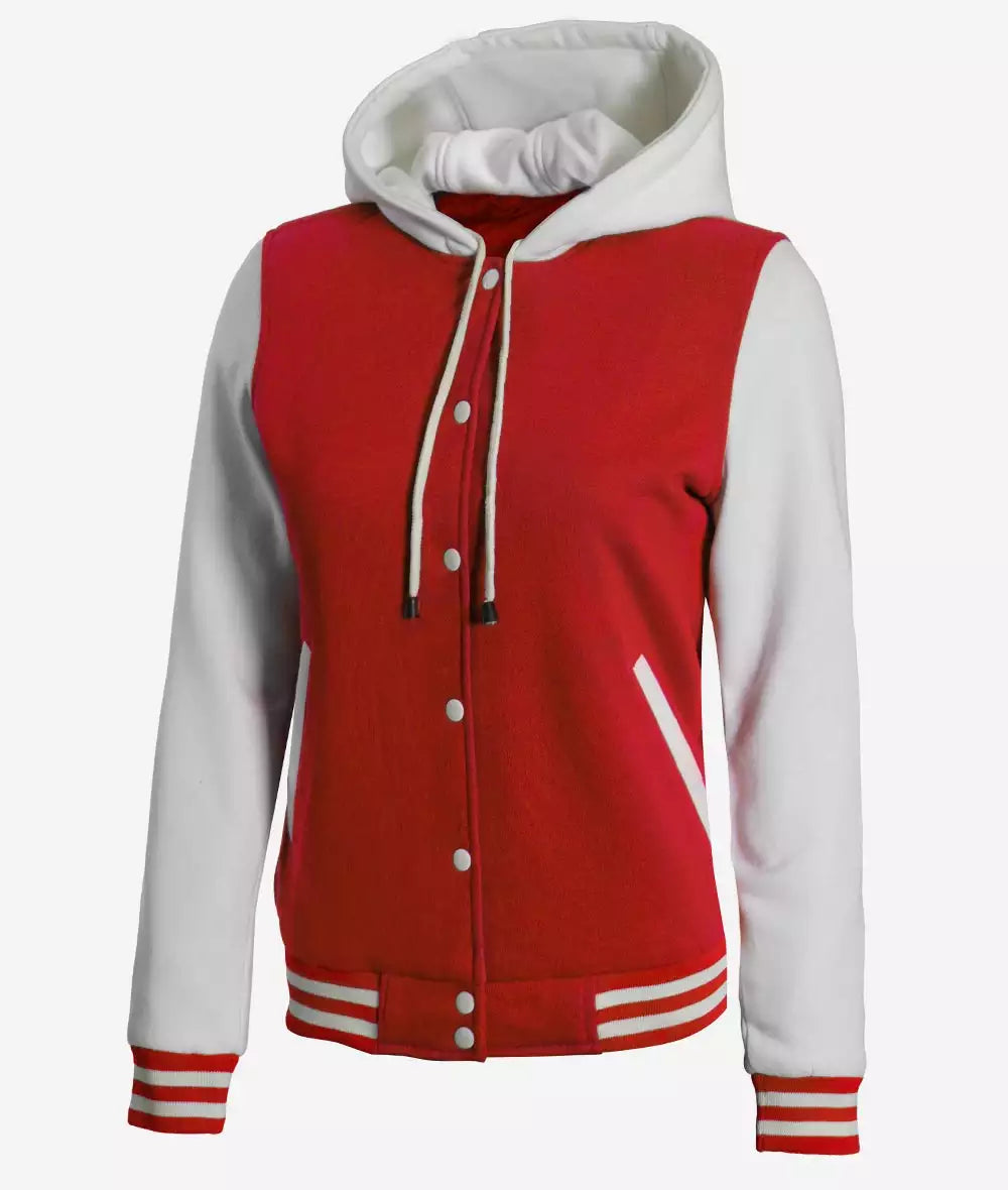 Women's Red and White Hooded Varsity Jacket – High School Baseball Style