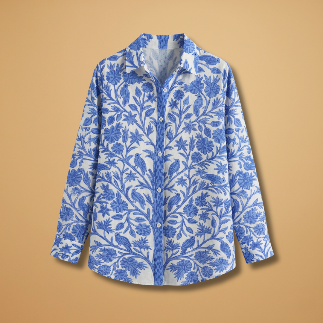 Blouse with Floral and Bird Motif and Lightweight Fabric for Women