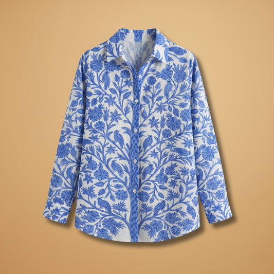 Blouse with Floral and Bird Motif and Lightweight Fabric for Women