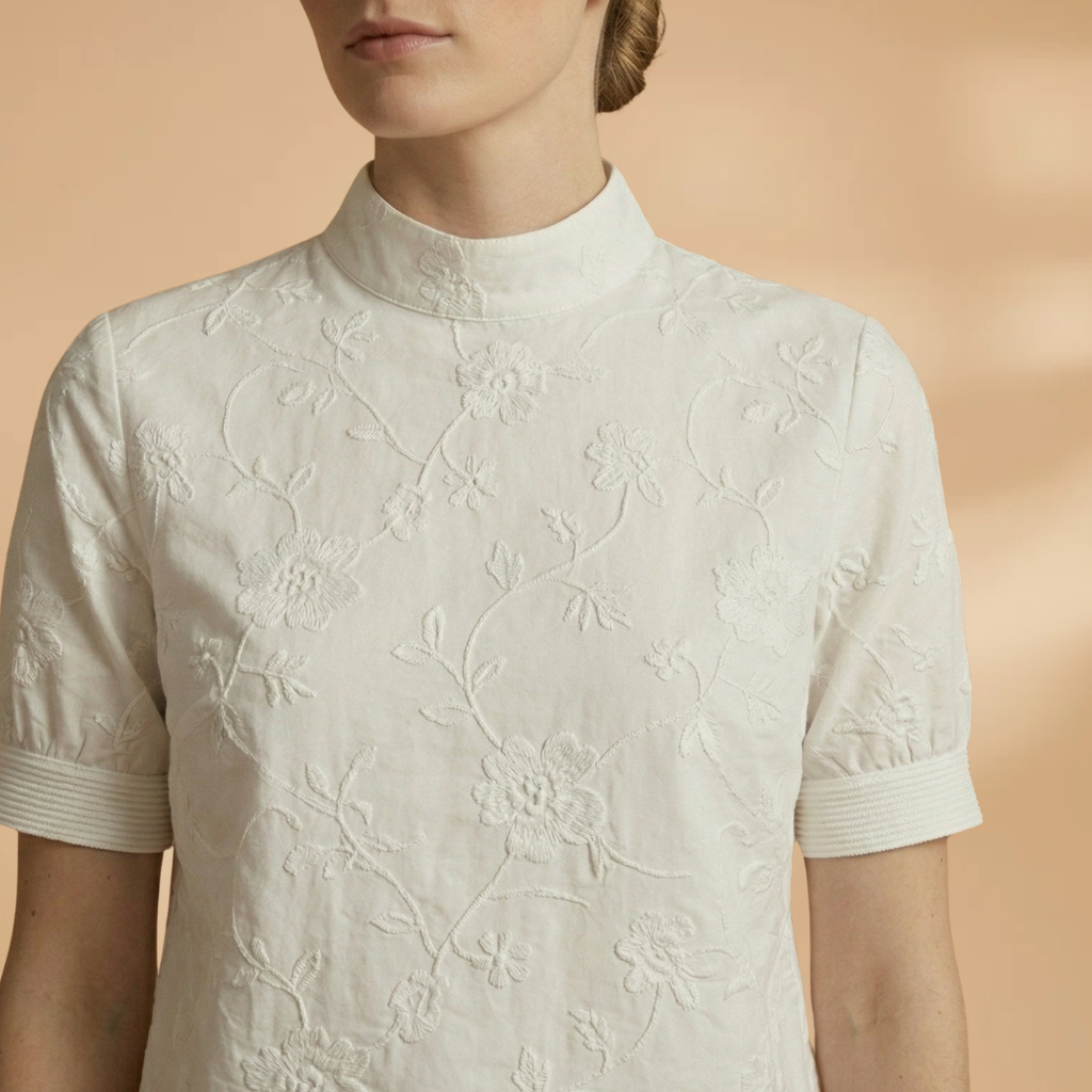 Blouse with Stand Collar and Floral Embroidery for Women