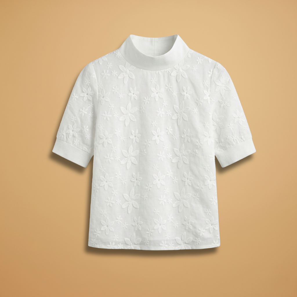 Blouse with Stand Collar and Floral Embroidery for Women
