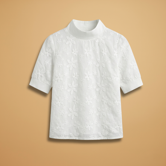 Blouse with Stand Collar and Floral Embroidery for Women