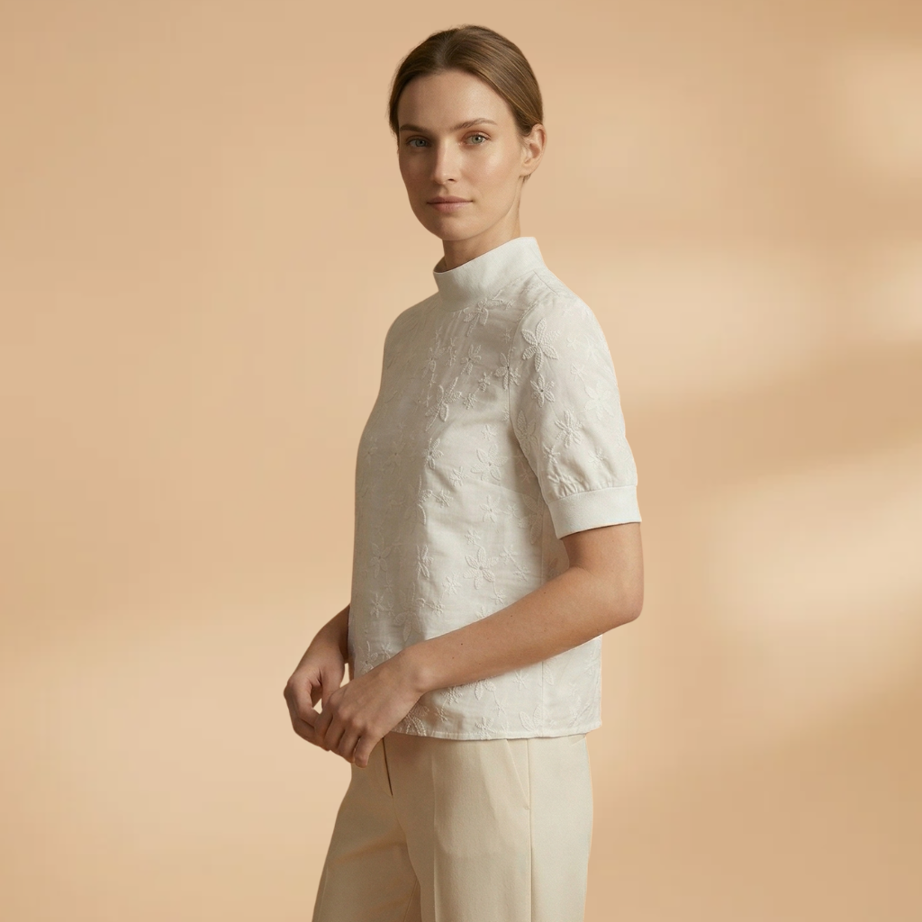 Blouse with Stand Collar and Floral Embroidery for Women