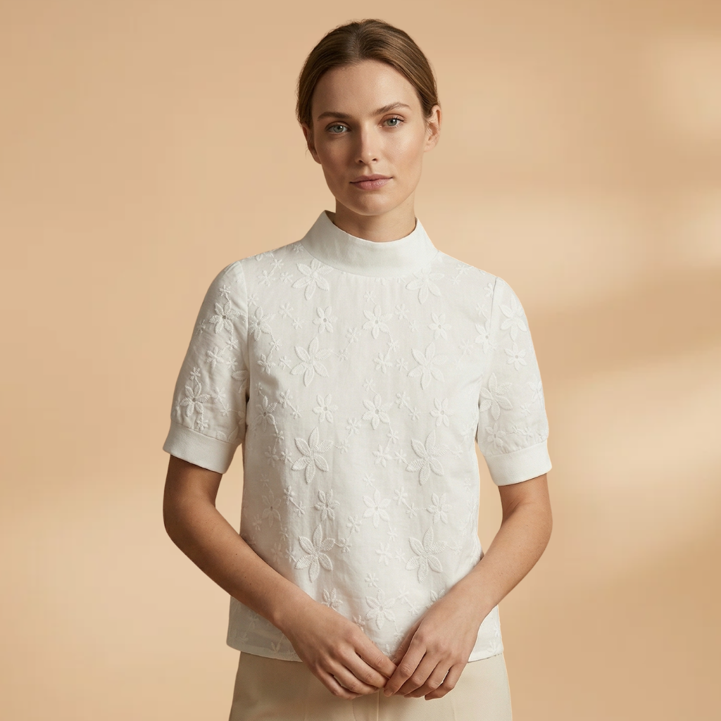 Blouse with Stand Collar and Floral Embroidery for Women