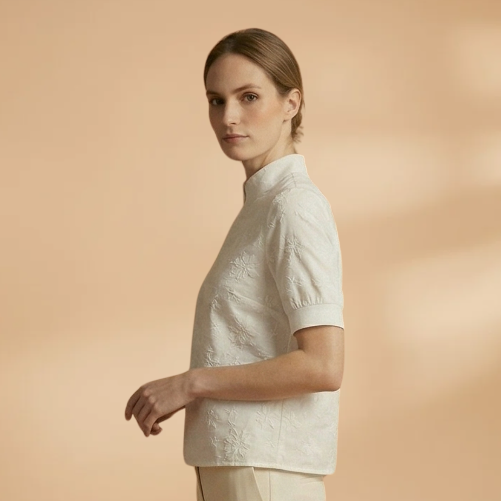 Blouse with Stand Collar and Floral Embroidery for Women