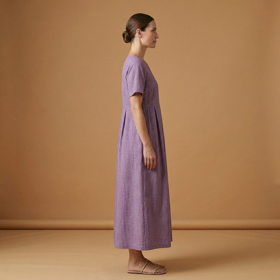 Casual Long Dress with Pleated Waist and Side Pockets for Women