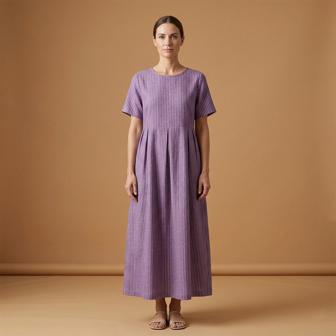 Casual Long Dress with Pleated Waist and Side Pockets for Women