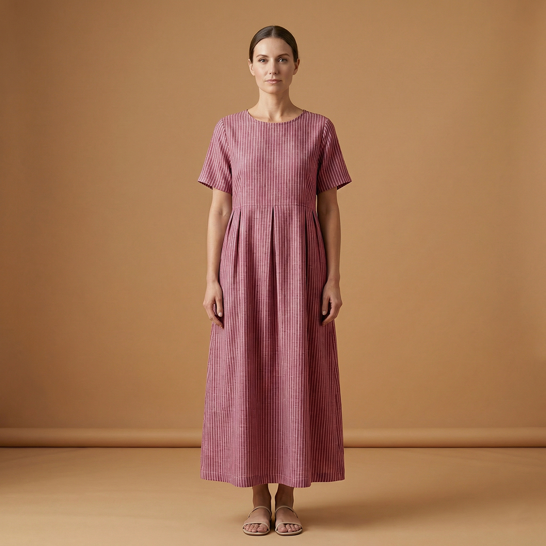 Casual Long Dress with Pleated Waist and Side Pockets for Women