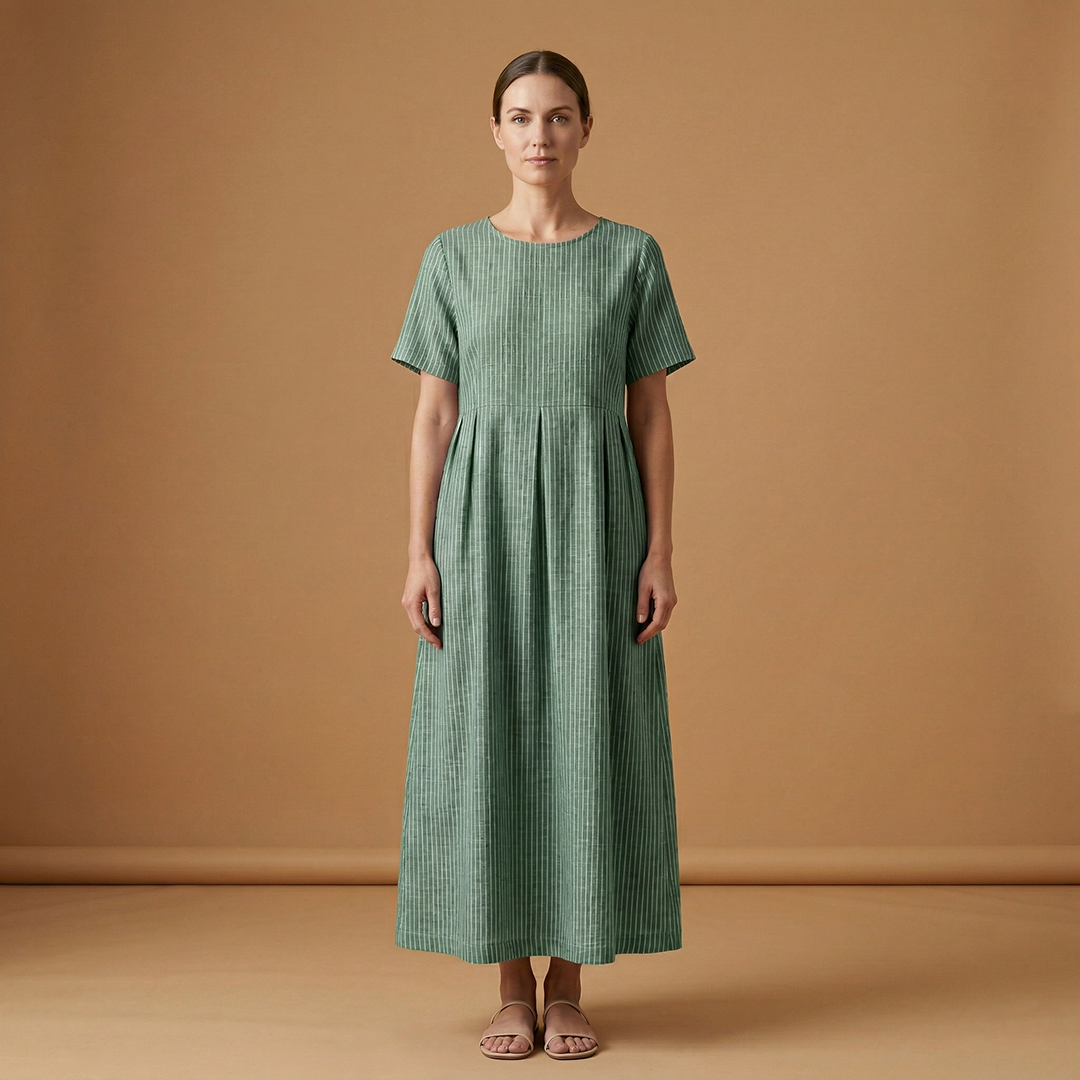 Casual Long Dress with Pleated Waist and Side Pockets for Women