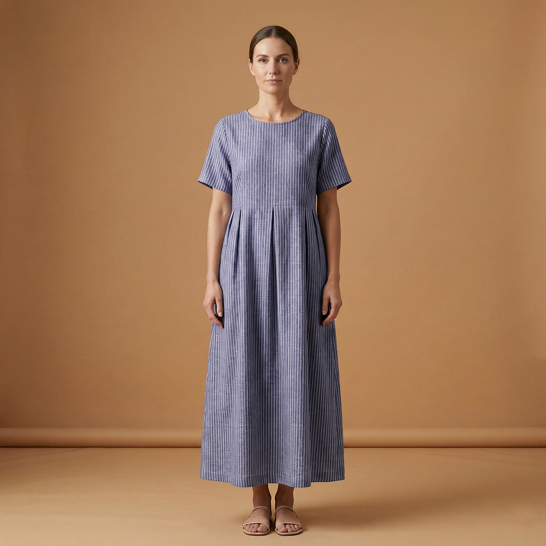 Casual Long Dress with Pleated Waist and Side Pockets for Women
