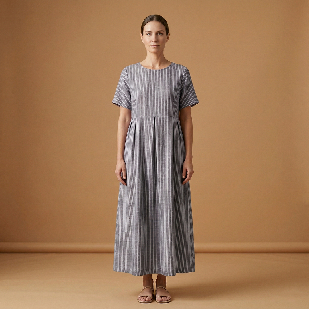 Casual Long Dress with Pleated Waist and Side Pockets for Women