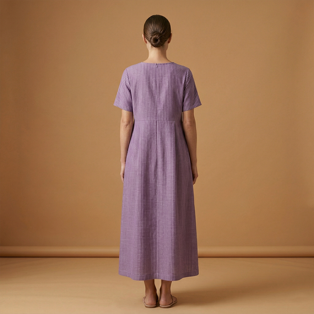 Casual Long Dress with Pleated Waist and Side Pockets for Women