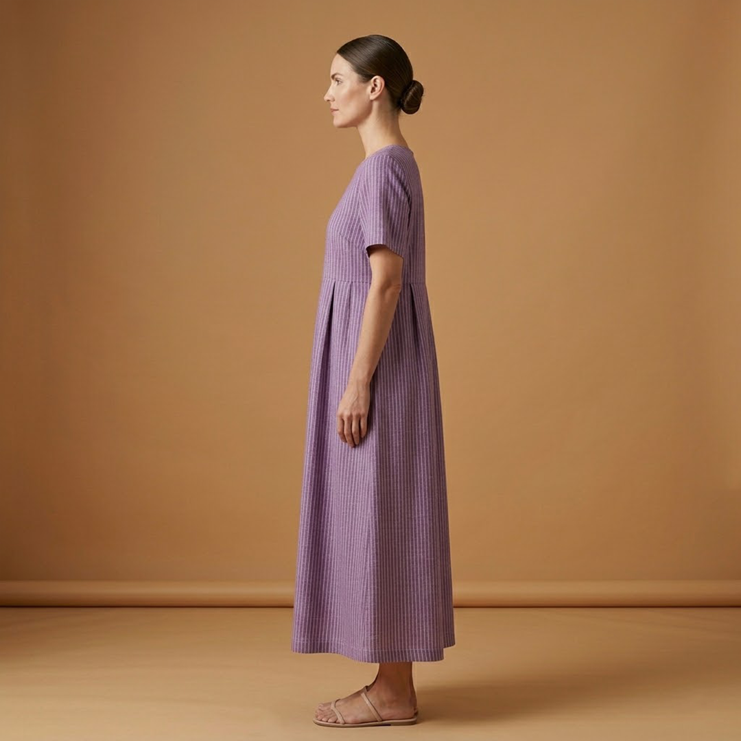 Casual Long Dress with Pleated Waist and Side Pockets for Women