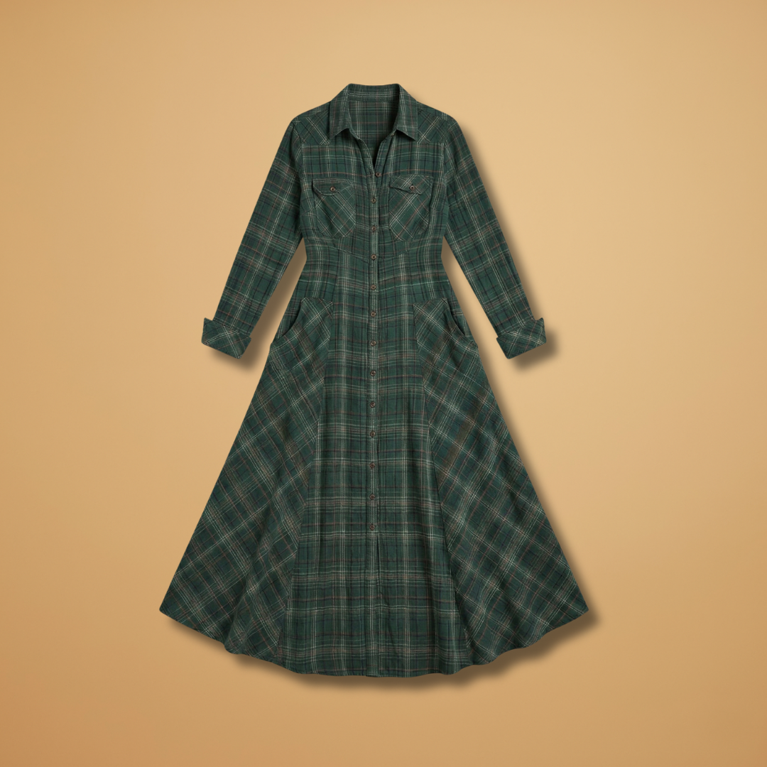 Checkered Maxi Dress Pockets and Buttons for Women