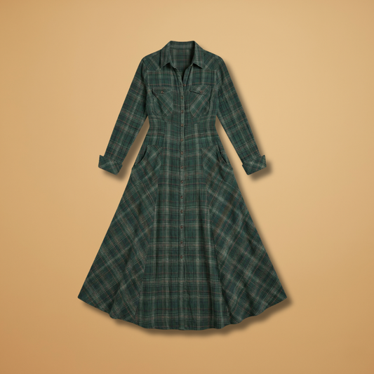 Checkered Maxi Dress Pockets and Buttons for Women
