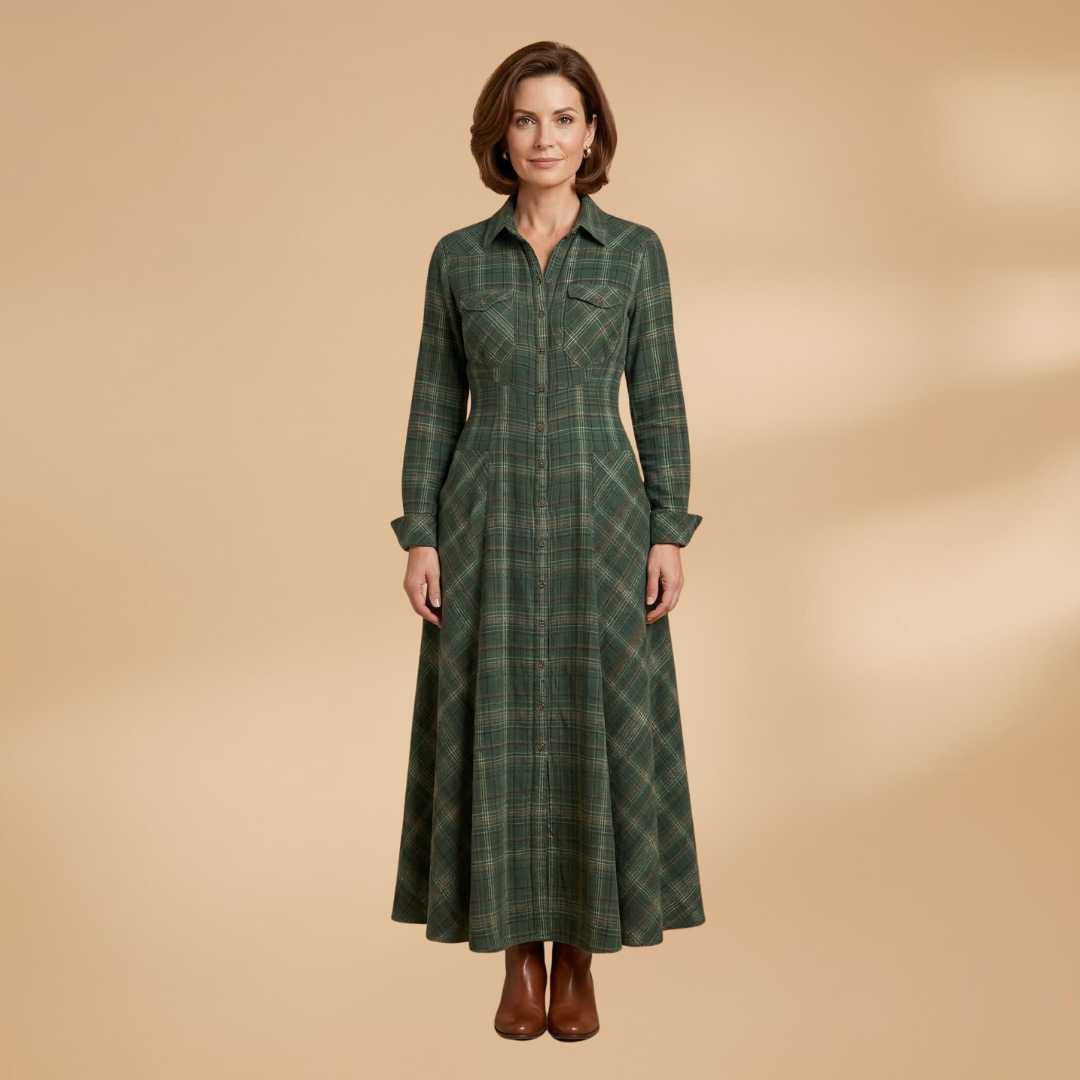 Checkered Maxi Dress Pockets and Buttons for Women