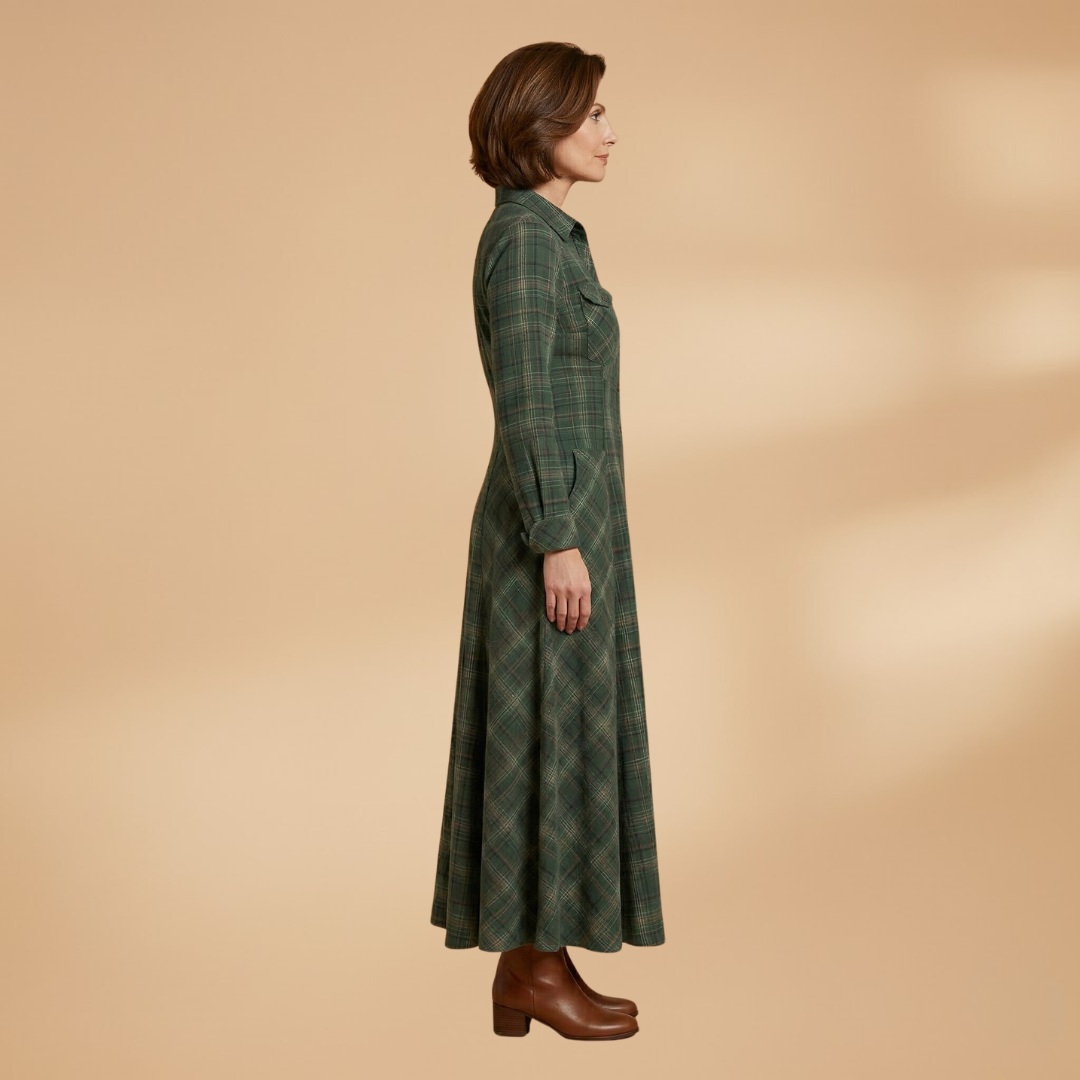 Checkered Maxi Dress Pockets and Buttons for Women