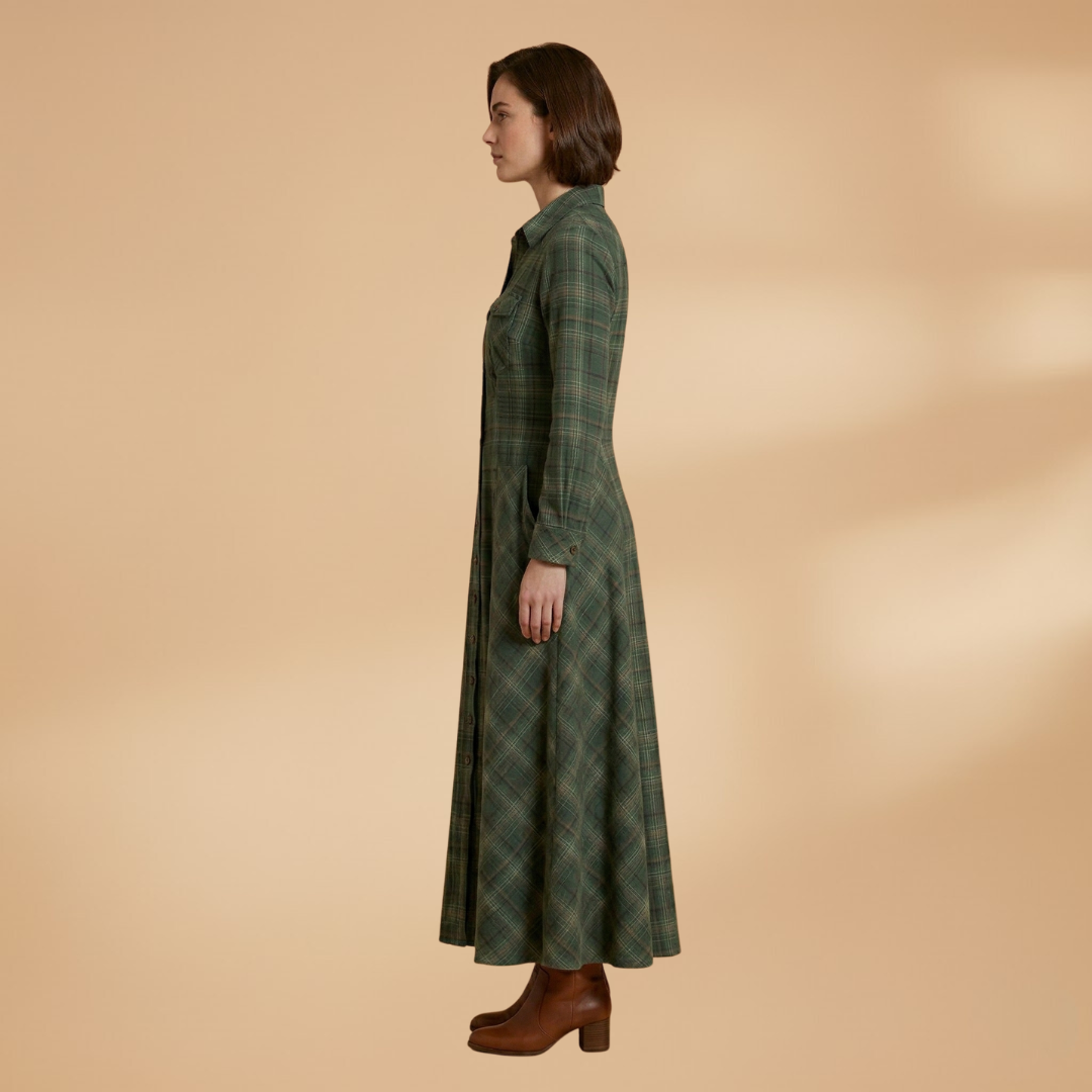 Checkered Maxi Dress Pockets and Buttons for Women