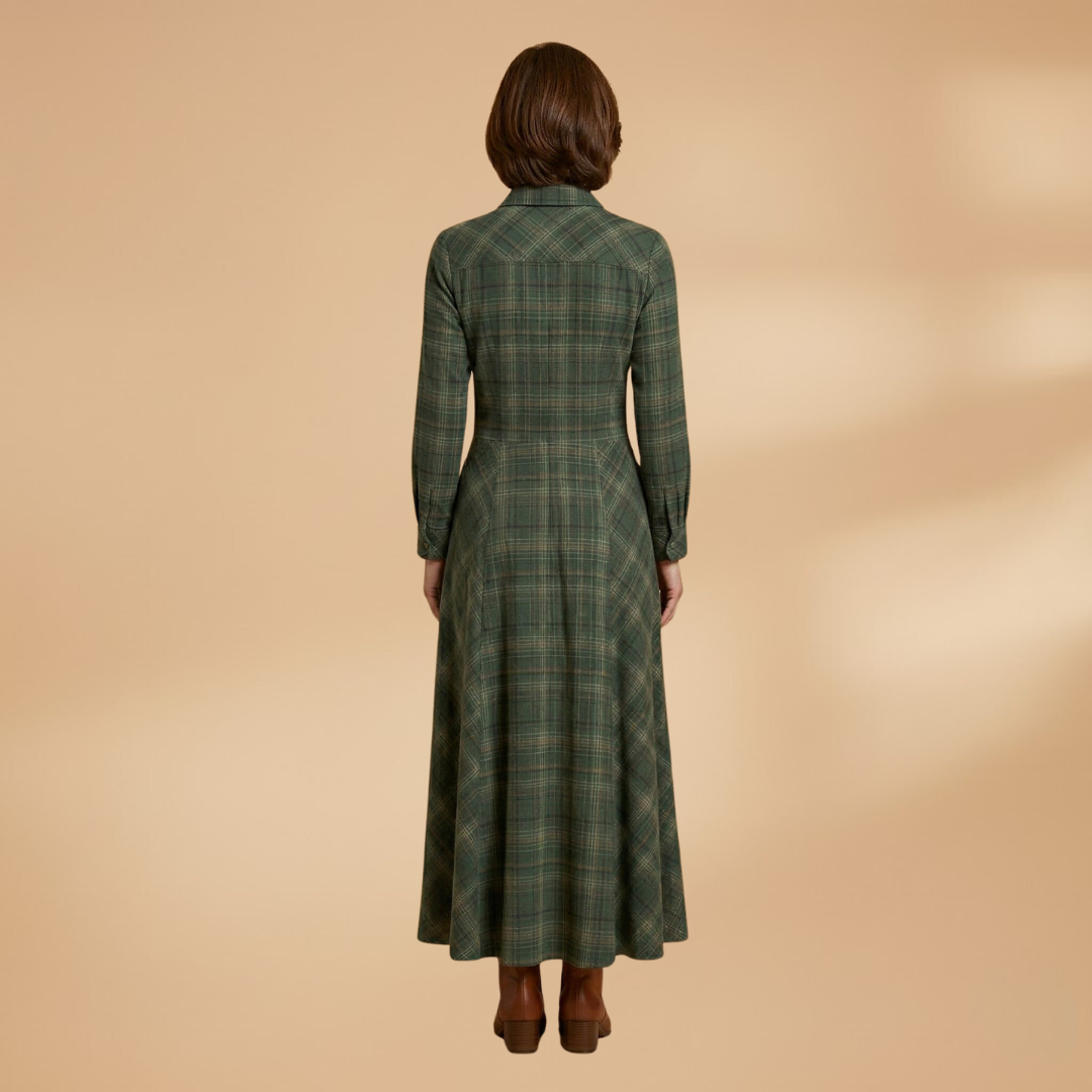Checkered Maxi Dress Pockets and Buttons for Women