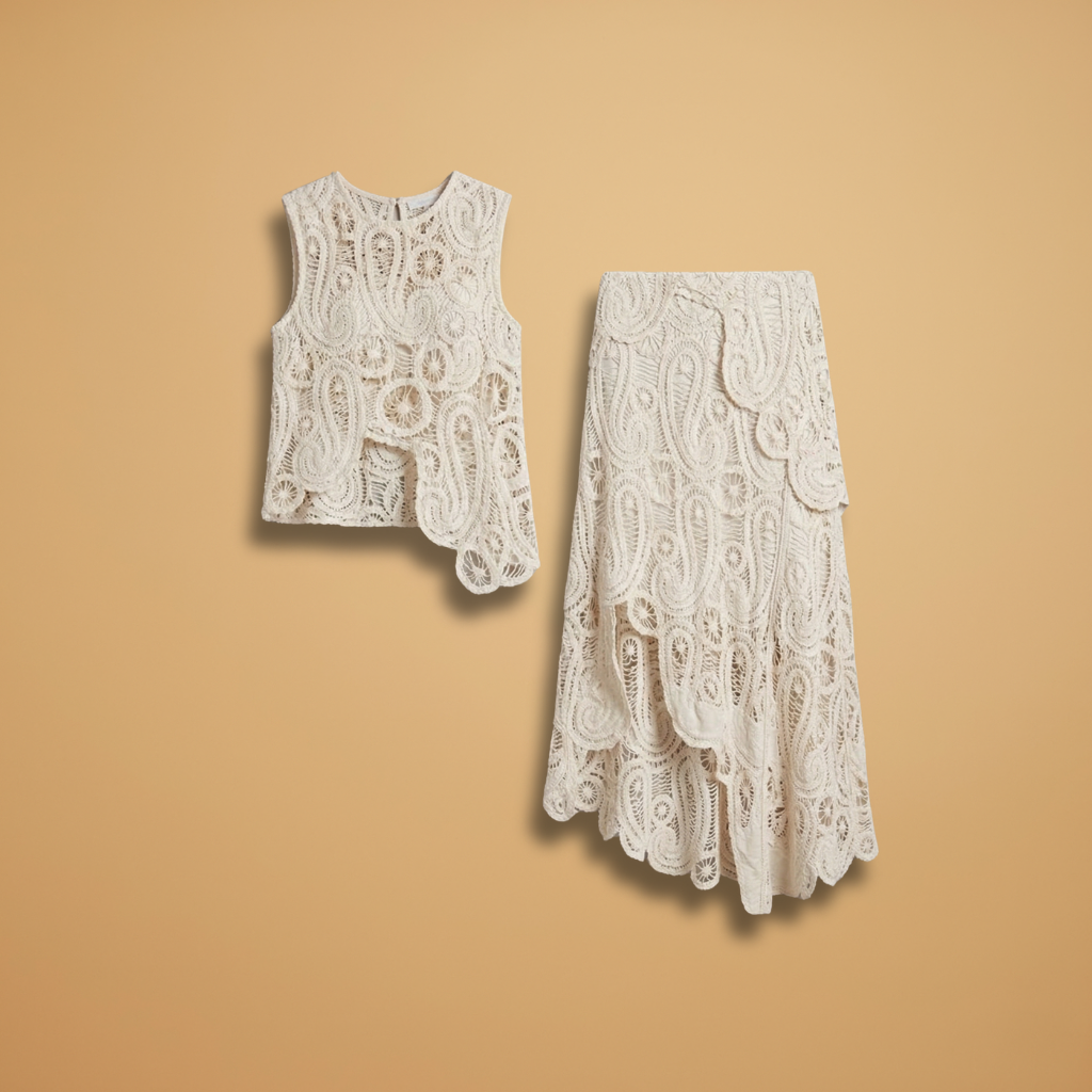 Crochet Sleeveless Tank and Skirt Set with Side Slits and Boat Neck for Women