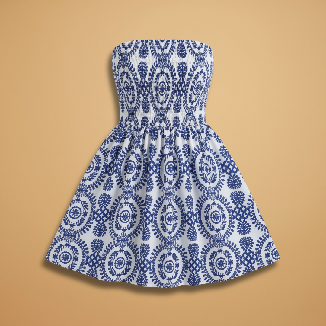 Dress with Elasticated Bodice and Flared Skirt for Women