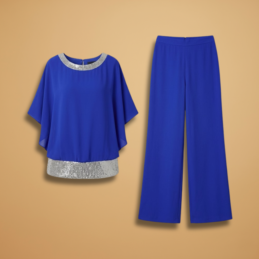 Elegant Two-Piece Set with Embellished Top and Wide-Leg Trousers for Women
