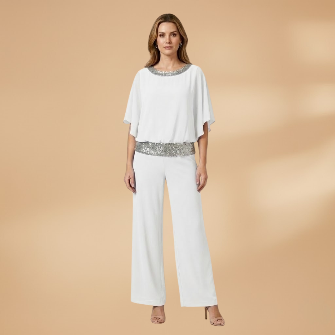 Elegant Two-Piece Set with Embellished Top and Wide-Leg Trousers for Women